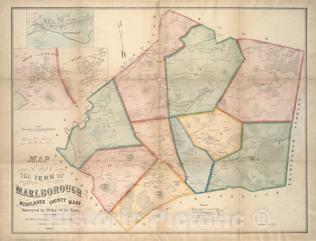 Historical Map, 1853 Map of The Town of Marlborough, Vintage Wall Art