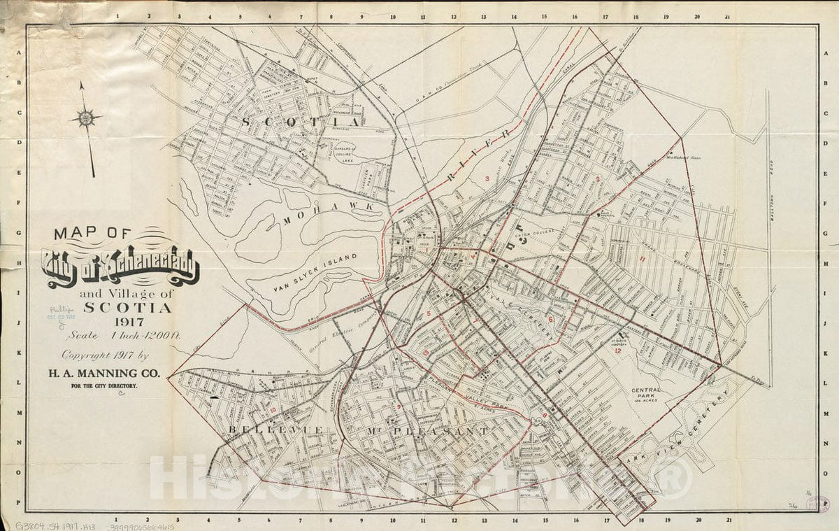 Historical Map, Map of City of Schenectady and Village of Scotia, 1917, Vintage Wall Art