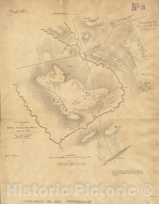 Historical Map, Reconnaissance of The Battle Field at Bull Run, Va, Fought July 21, 1861, Vintage Wall Art