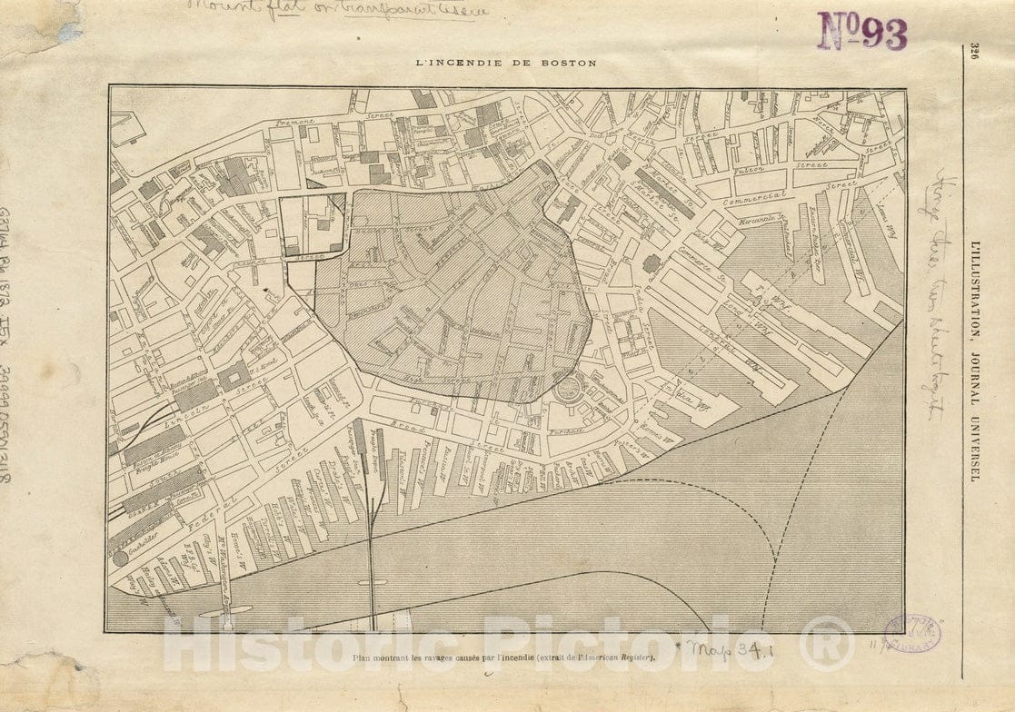 Historical Map, 1872 L'incendie de Boston : Plan montrant les ravages causeIs par l'incendie (extrait de l'American Register), Vintage Wall Art