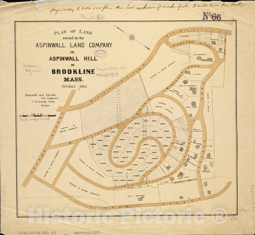 Historical Map, 1885 Plan of land owned by the Aspinwall Land Company on Aspinwall Hill in Brookline, Mass, Vintage Wall Art