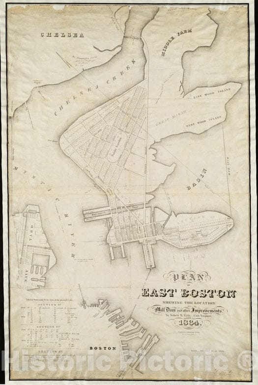 Historical Map, 1834 Plan of East Boston : shewing the location of a mill dam and other improvements, Vintage Wall Art
