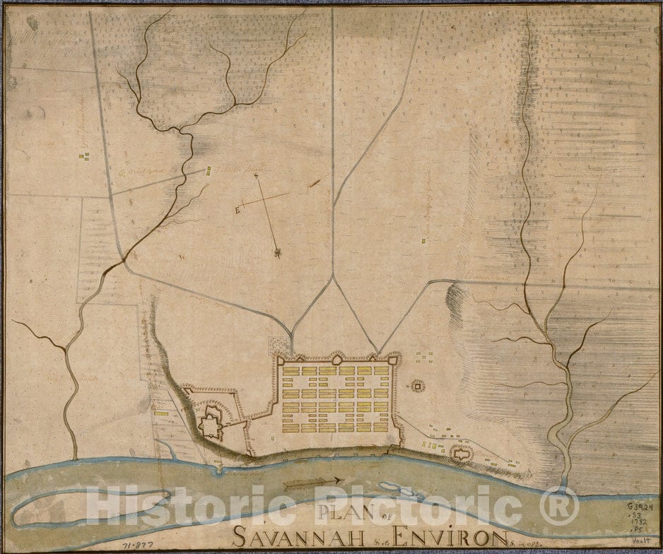Historical Map, Plan of Savannah & its Environs in 1782, Vintage Wall Art