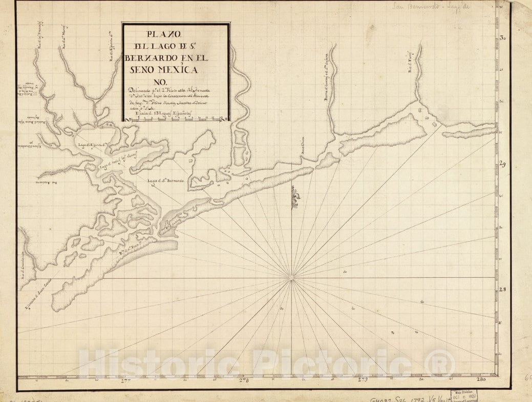 Historical Map, 1792 Plano del Lago de Sn. Bernardo en el Seno Mexica no, Vintage Wall Art