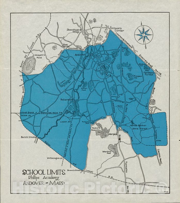 Historical Map, 1955-1966 School Limits, Phillips Academy, Andover, Mass, Vintage Wall Art