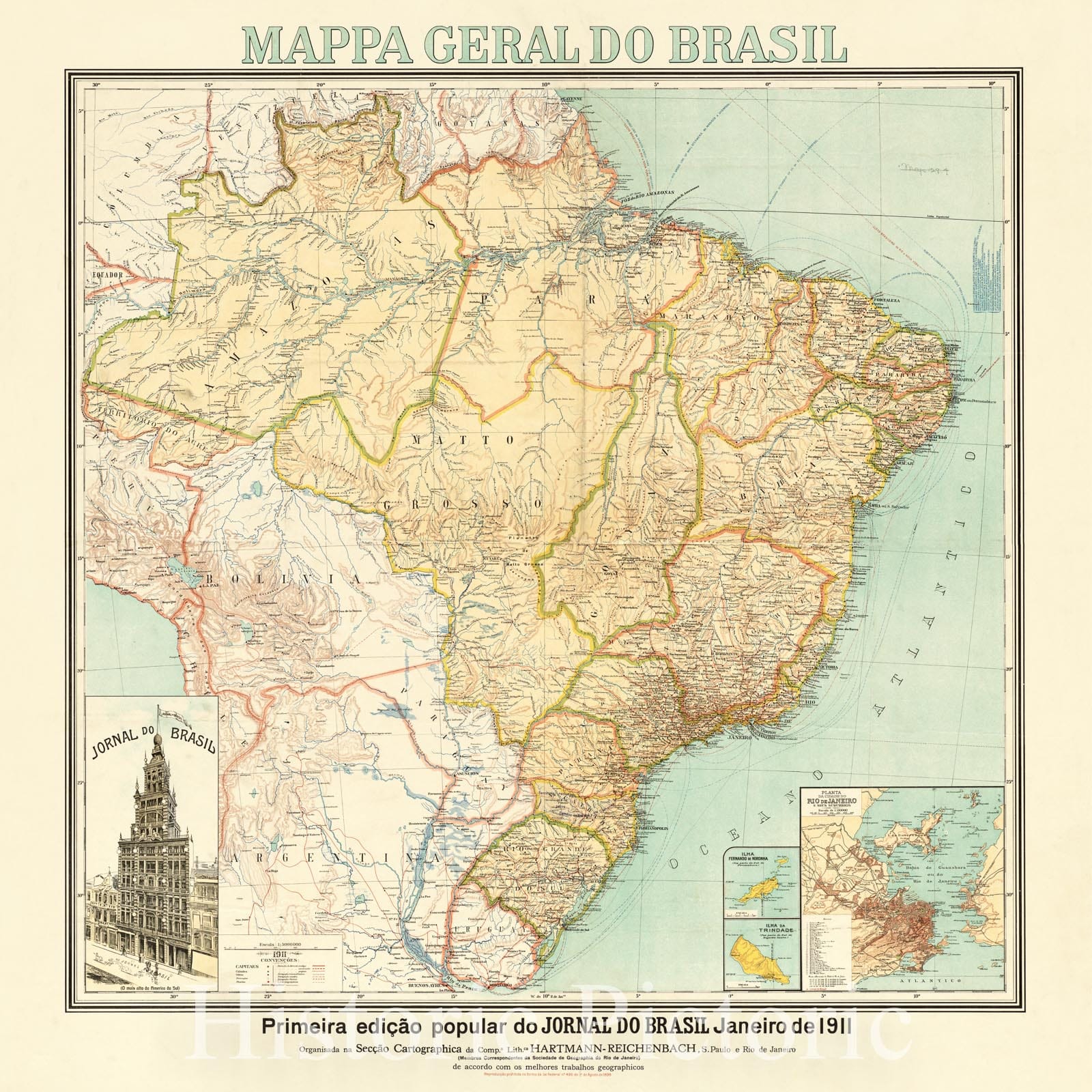 Historical Map, 1911 Mappa geral do Brasil, Vintage Wall Art