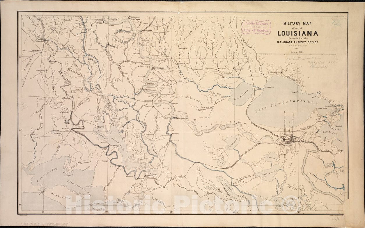 Historical Map, 1863 Military map of part of Louisiana, Vintage Wall Art
