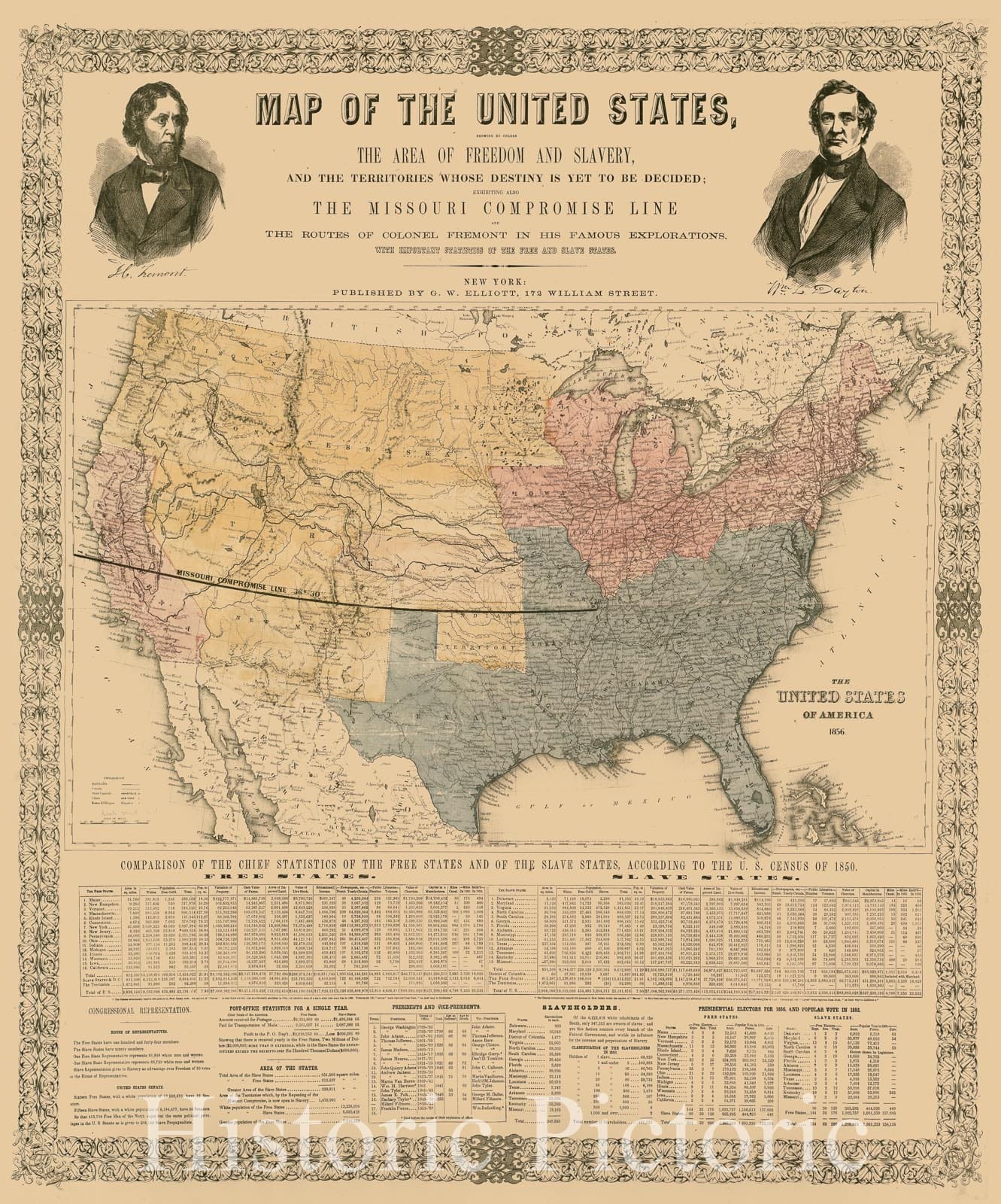 Historical Map, 1856 Map of The United States, Showing by Colors The Area of Freedom and Slavery, and The Territories Whose Destiny is Yet to be Decided, Vintage Wall Art