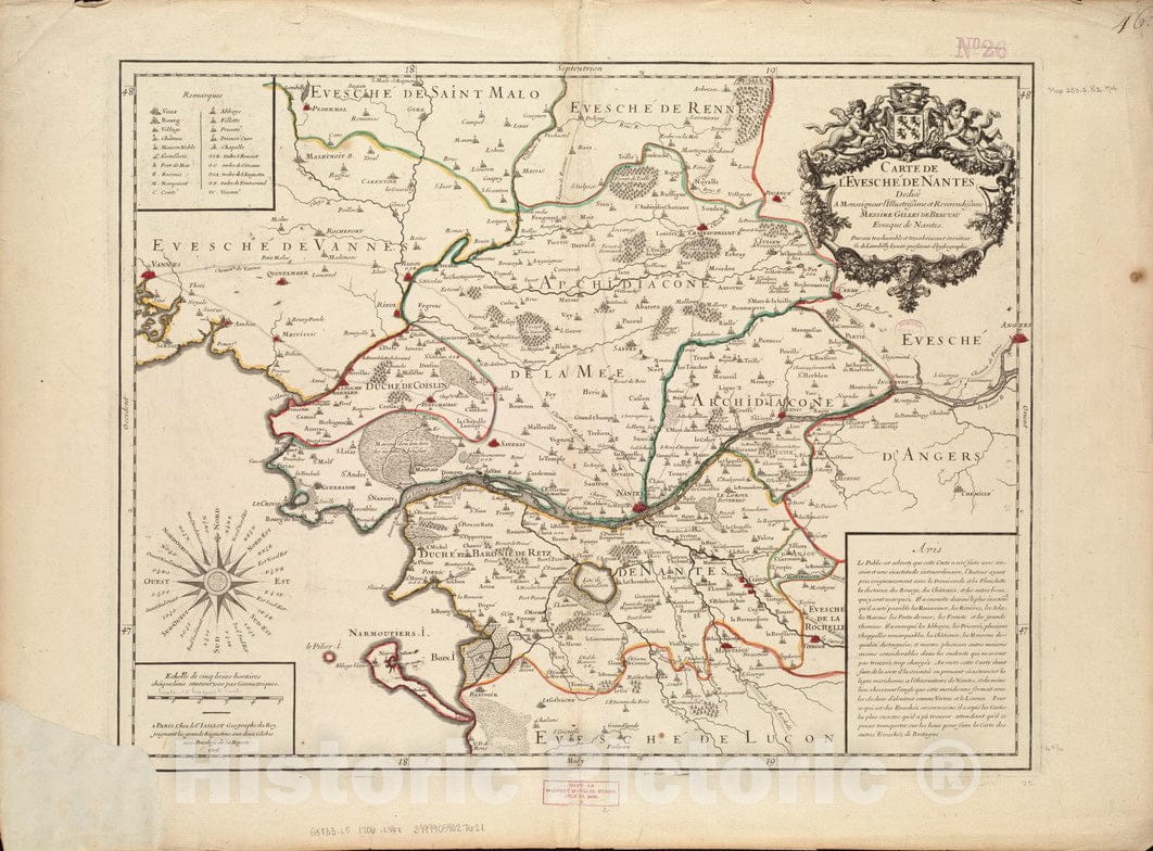 Historical Map, 1706 Carte de l'evescheI de Nantes, Vintage Wall Art