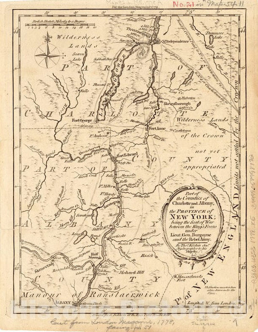 Historical Map, 1778 Pof The Counties of Charlotte and Albany, in The Province of New York : Being The seat of war Between The King's Forces Under Lieut. Gen, Vintage Wall Art