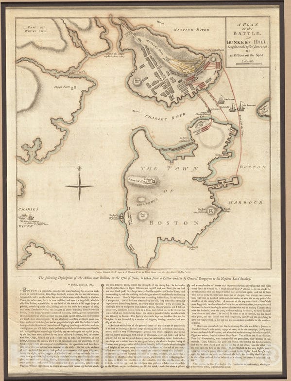 Historical Map, Plan of The Battle, on Bunker's Hill : Fought on The 17th of June 1775, Vintage Wall Art