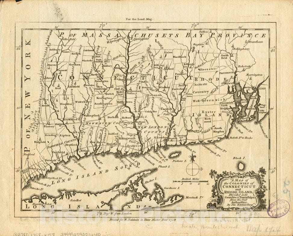 Historical Map, 1758 A map of The Colonies of Connecticut and Rhode Island, Divided into Counties & townships, from The Best Authorities, Vintage Wall Art