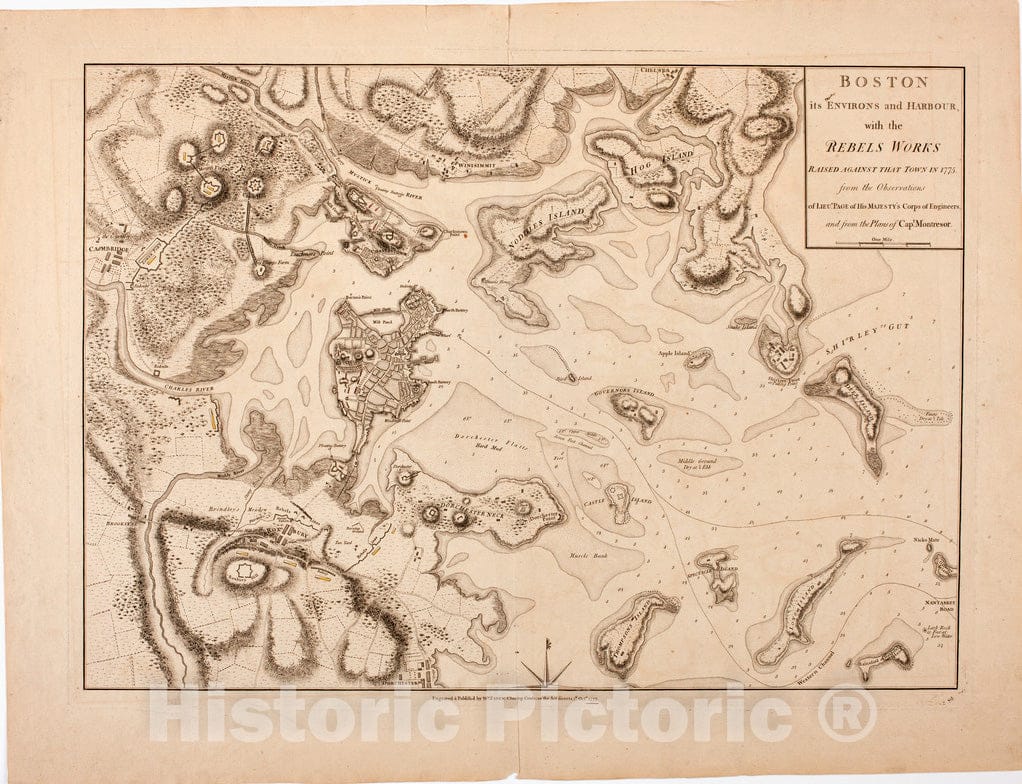 Historical Map, 1777 Boston its Environs and Harbour, with The Rebels Works Raised Against That Town in 1775, Vintage Wall Art