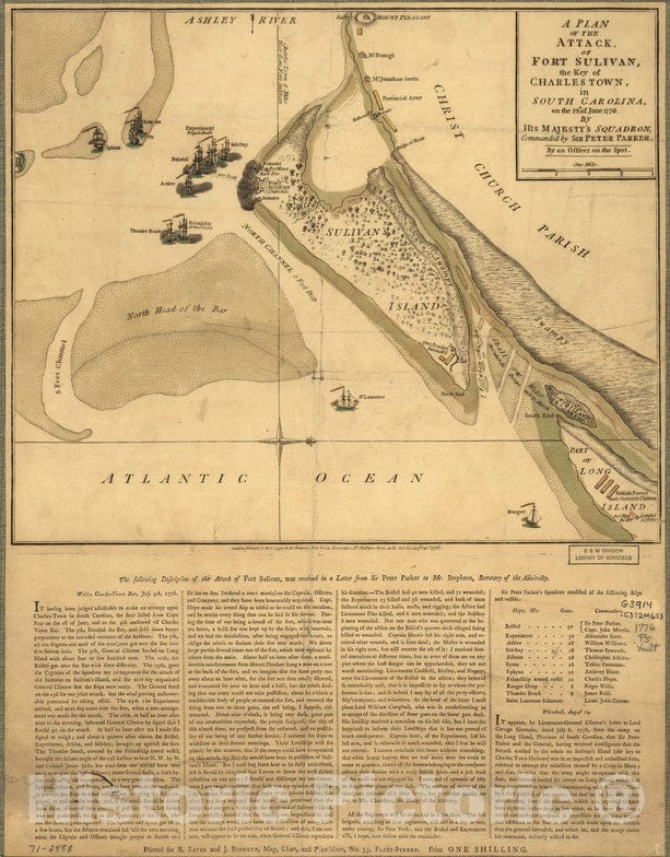 Historical Map, 1776 A Plan of The Attack of Fort Sulivan : The Key of Charlestown, in South Carolina, on The 28th. of June 1776. by His Majesty's Squadron, Vintage Wall Art