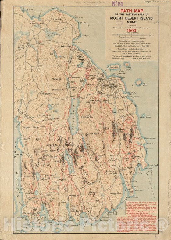 Historical Map, 1903 Path map of The Eastern Part of Mount Desert Island, Maine, Vintage Wall Art