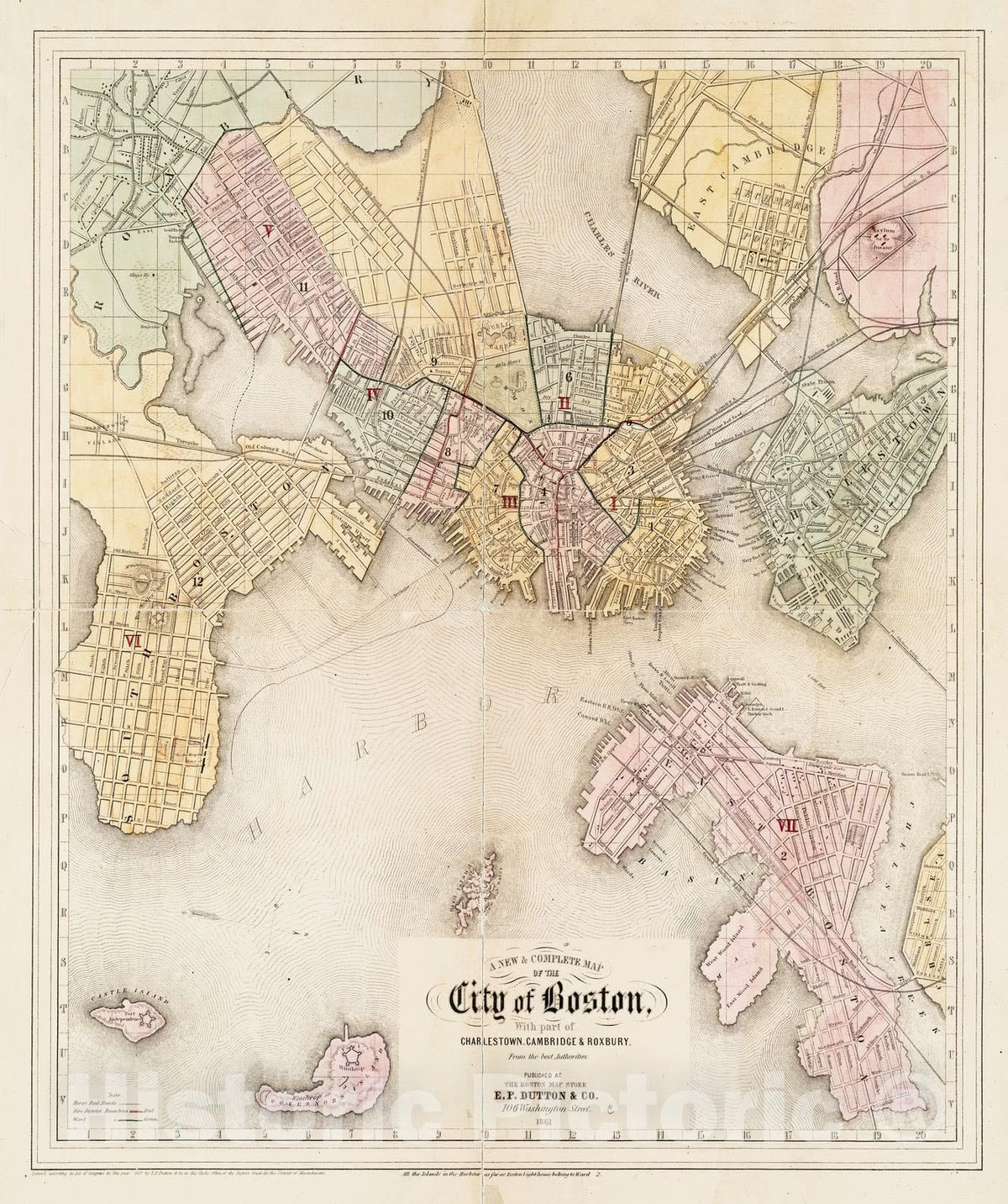 Historical Map, 1861 A New & Complete map of The City of Boston, with Part of Charlestown, Cambridge & Roxbury : from The Best Authorities, Vintage Wall Art
