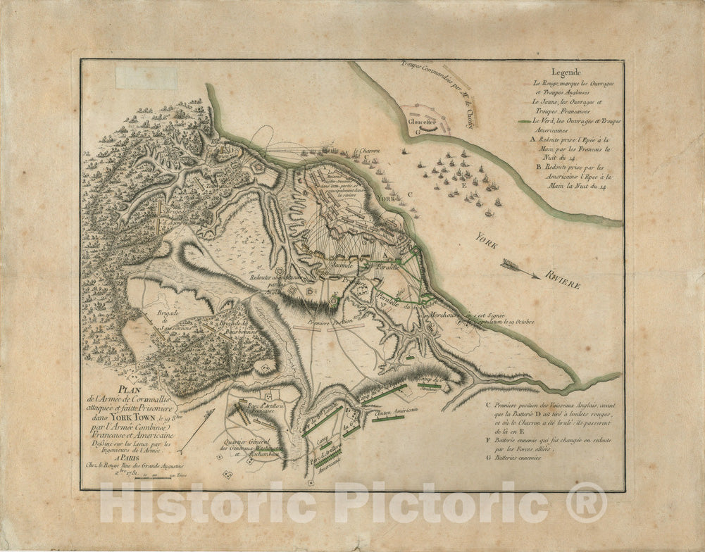 Historical Map, 1781 Plan de l'armeIe de Cornwallis attaqueIe et faitte prisoniere dans York Town : le 19 8bre par l'armeIe combineIe Francaise et Americaine, Vintage Wall Art