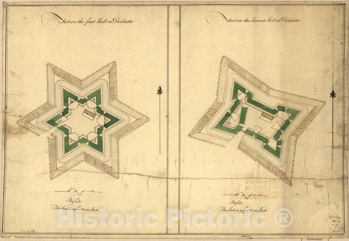 Historical Map, 1776 Fort on The First Hill in DorcIÆ’ester : Fort on The Second Hill in DorcIÆ’ester, Vintage Wall Art