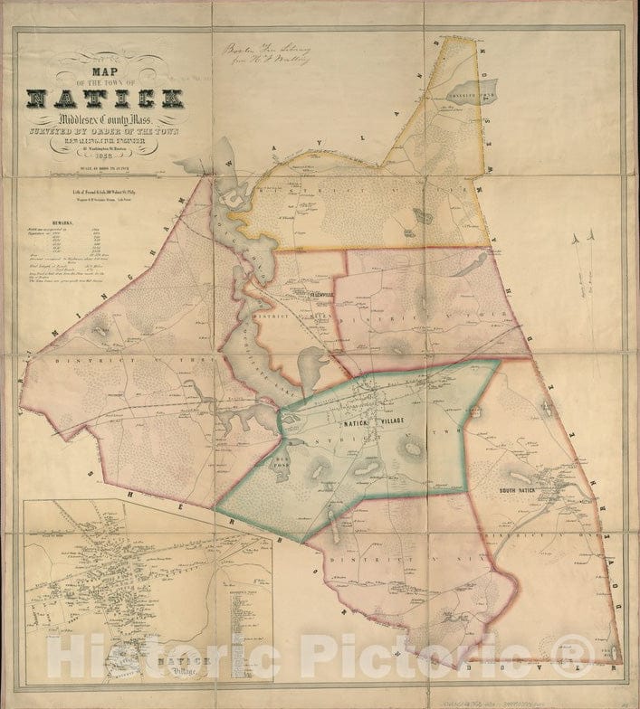 Historical Map, 1853 Map of The Town of Natick, Middlesex County, Mass : surveyed by Order of The Town, Vintage Wall Art