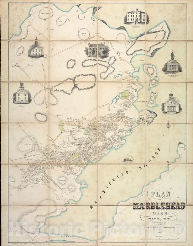 Historical Map, 1850 Plan of Marblehead, Mass. from Actual Survey, Vintage Wall Art