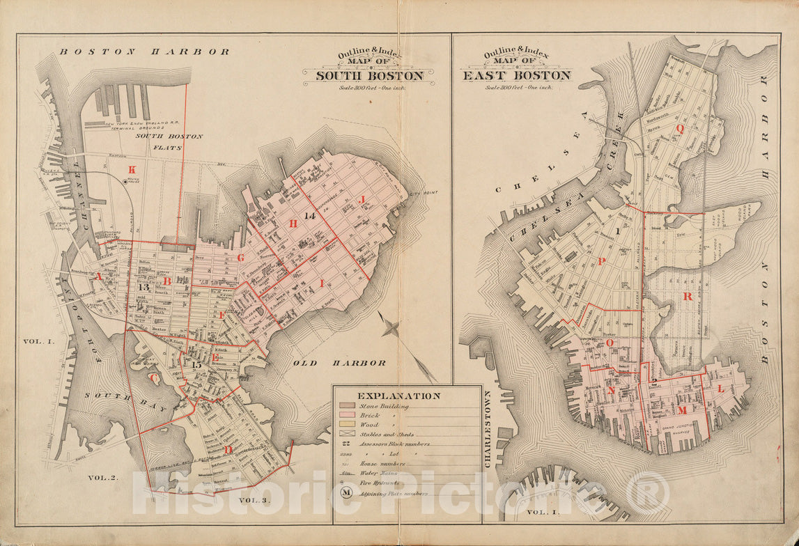 Historical Map, 1884 Outline & Index map of South Boston ; Outline & Index map of East Boston, Vintage Wall Art