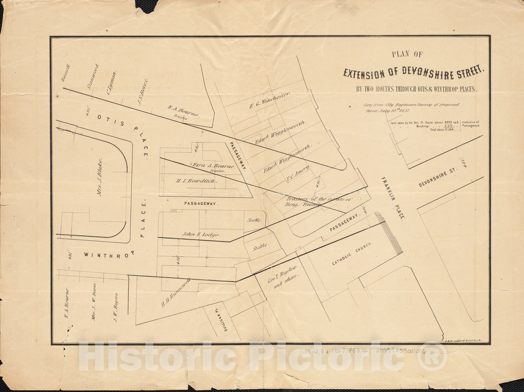 Historical Map, 1857 Plan of Extension of Devonshire Street, by Two Routes Through Otis and Winthrop Places, Vintage Wall Art