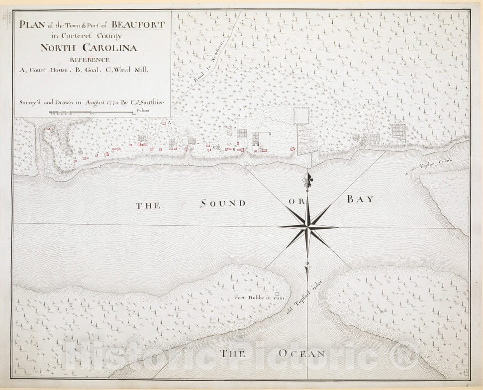 Historical Map, 1770 Plan of the Town & Port of BEAUFORT in Carteret County NORTH CAROLINA, Vintage Wall Art