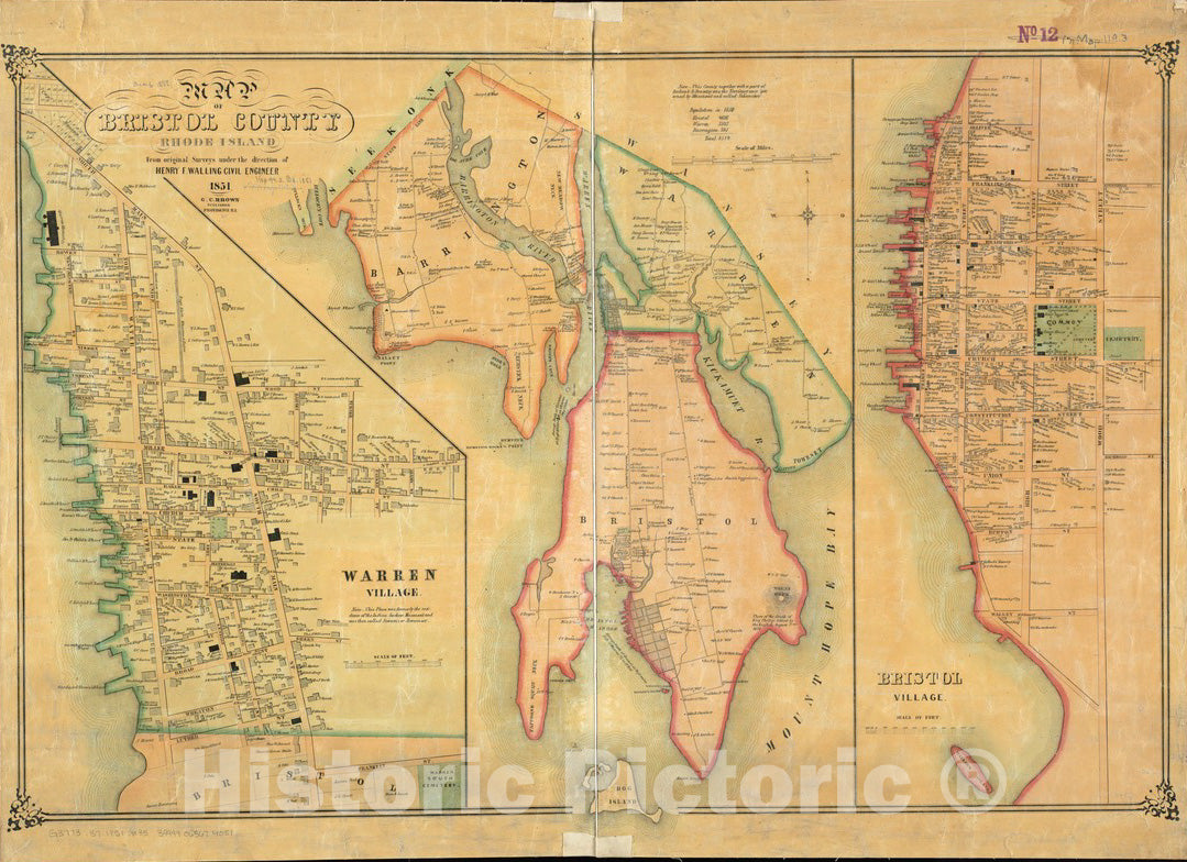 Historical Map, 1851 Map of Bristol County, Rhode Island, Vintage Wall Art