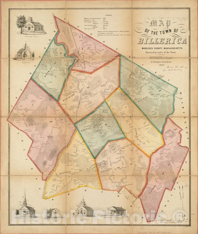 Historical Map, 1853 Map of the town of Billerica, Middlesex County, Massachusetts : surveyed by order of the town, Vintage Wall Art