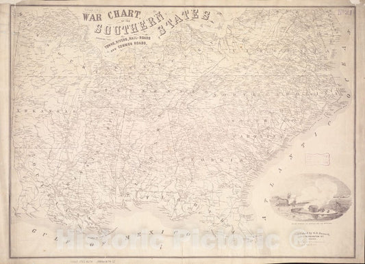 Historical Map, 1862 War Chart of The Southern States Showing The Towns, Rivers, Rail-Roads and Common Roads, Vintage Wall Art