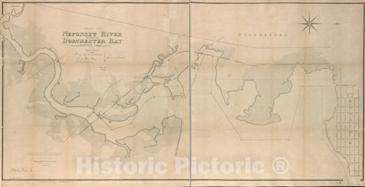 Historical Map, Plan of Neponset River and Part of Dorchester Bay Showing The Harbor Lines Proposed by The Commissioners 1854, Vintage Wall Art