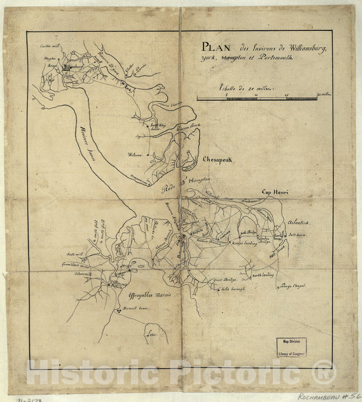 Historical Map, 1781 Plan des Environs de Williamsburg, York, Hampton, et Portsmouth, Vintage Wall Art
