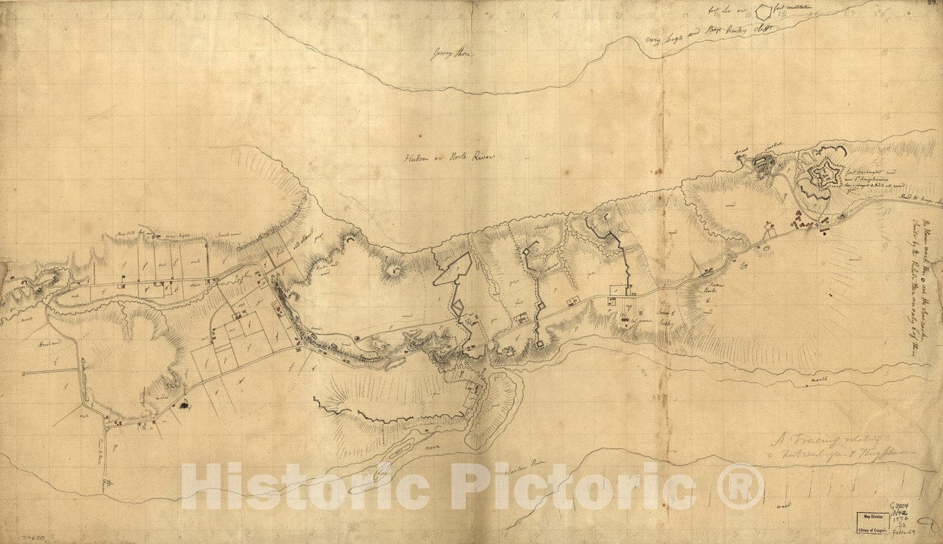Historical Map, 1776 A tracing Relating to Fort Washington or Knyphausen, Vintage Wall Art
