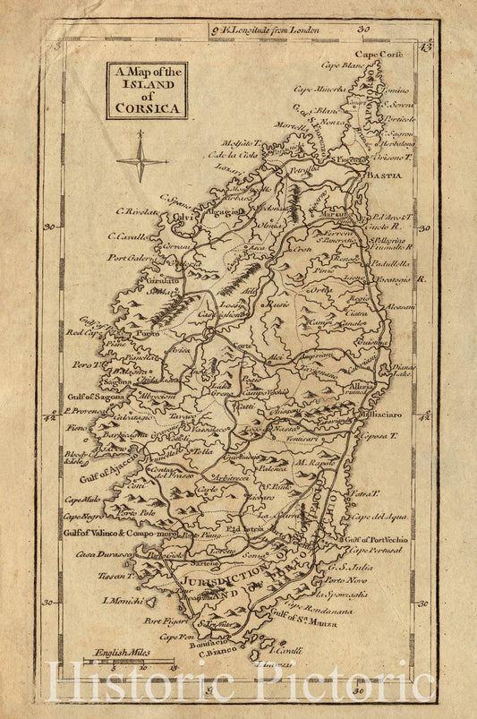 Historical Map, 1757 A map of The Island of Corsica, Vintage Wall Art