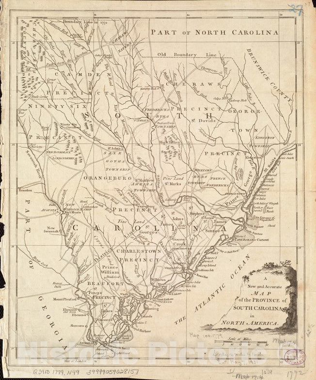 Historical Map, 1779 A New and accurate map of the province of South Carolina in North America, Vintage Wall Art