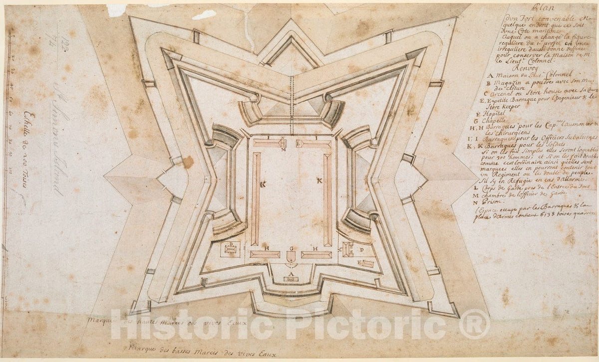 Historical Map, 1738 Plan dun Fort convenable en quelque endroit ce que soit Dune Cote Maritime Auquel on a changeI la Figure reguliere du 1.r, Vintage Wall Art