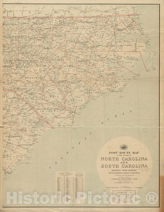Historical Map, 1903 Post Route map of The States of North Carolina and South Carolina Showing Post Offices with The Intermediate Distances and Mail Routes, 1903, Vintage Wall Art
