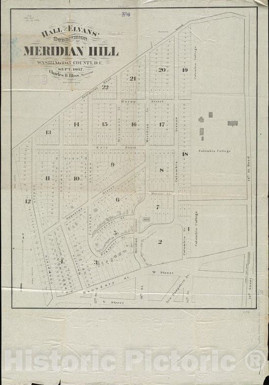 Historical Map, Hall and Elvans' Subdivision of Meridian Hill, Washington County, D.C : Sept. 1867, Vintage Wall Art