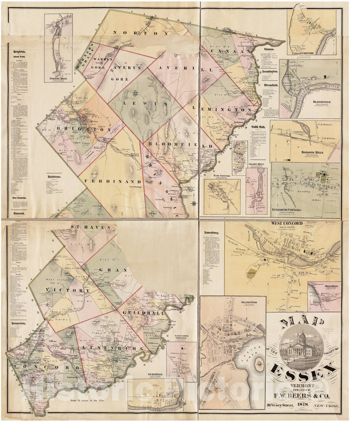 Historical Map, 1878 Map of The County of Essex, Vermont, Vintage Wall Art