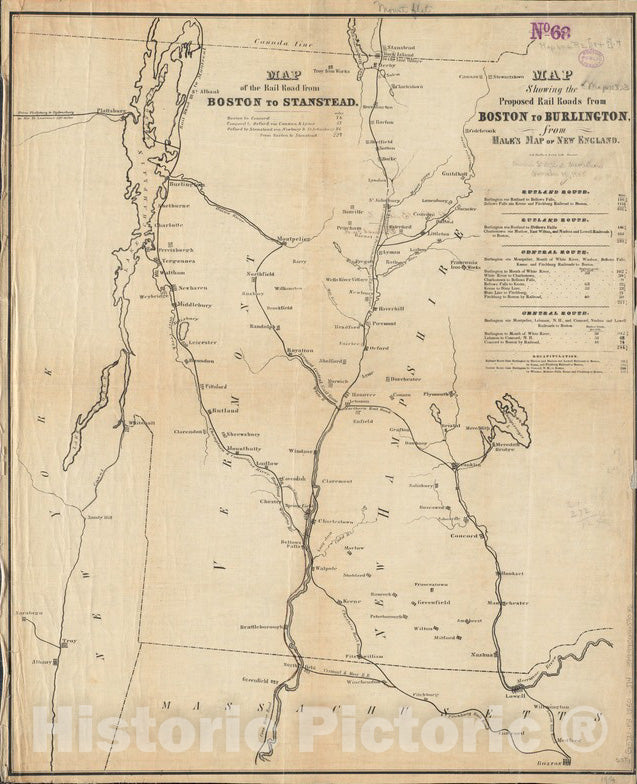 Historical Map, 1850 Map of The Rail Road from Boston to Stanstead, Vintage Wall Art