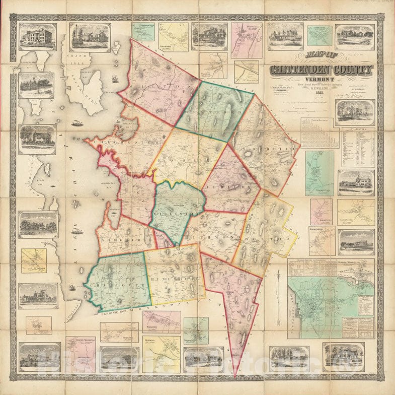 Historical Map, 1857 Map of Chittenden County, Vermont, Vintage Wall Art