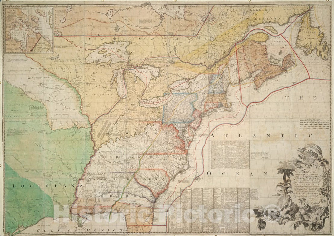 Historical Map, 1775 A MAP of The British Colonies in North America : with The Roads, Distances, Limits, and Extent of The SETTLEMENTS, Humbly Inscribed, Vintage Wall Art