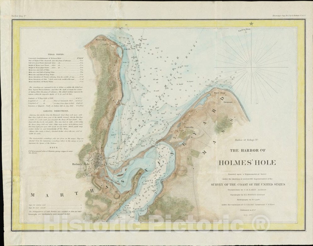 Historical Map, 1847 The Harbor of Holmes' Hole, Vintage Wall Art