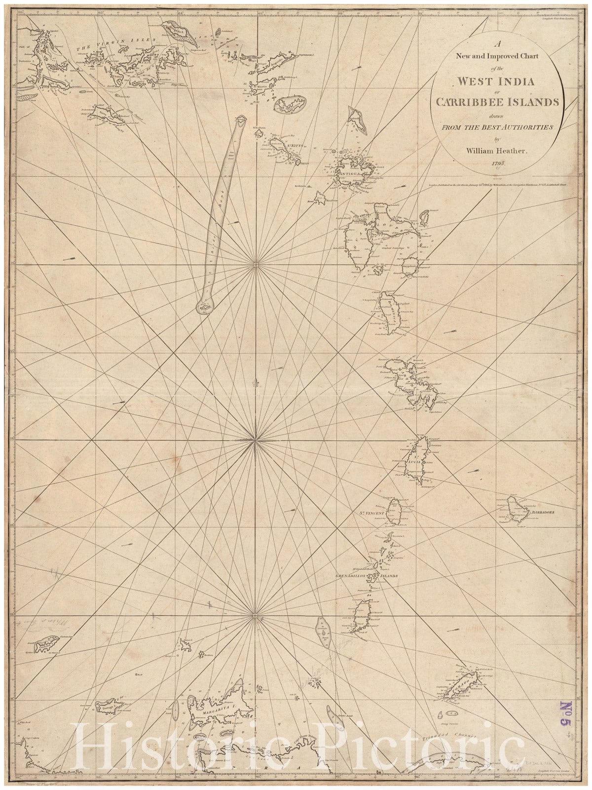 Historical Map, 1795 A New and Improved Chart of The West India or Carribbee [sic] Islands, Vintage Wall Art