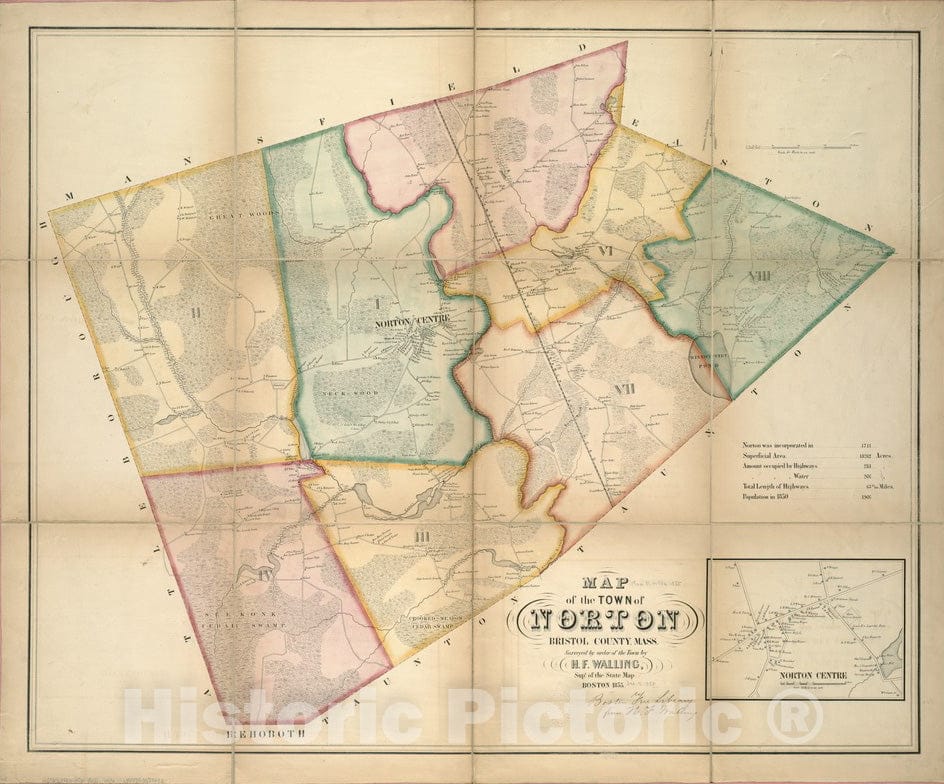 Historical Map, 1855 Map of The Town of Norton, Bristol County, Mass : surveyed by Order of The Town, Vintage Wall Art