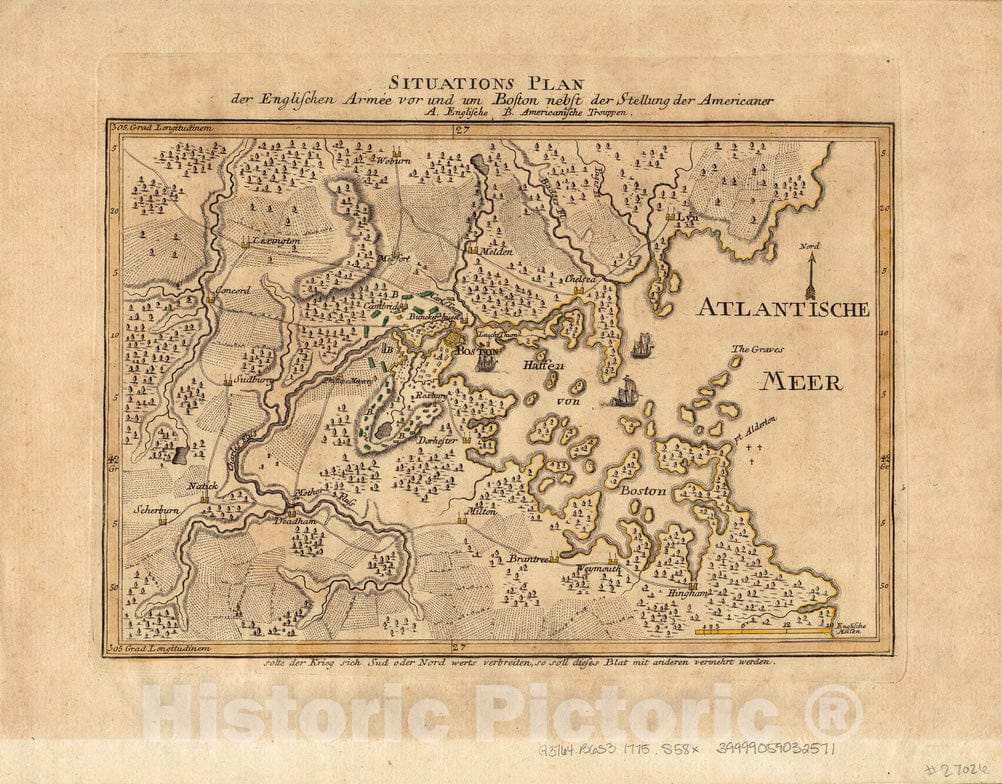 Historical Map, ca. 1775 Situations Plan der Englischen ArmeIe VOR und um Boston nebst der stellung der Americaner, Vintage Wall Art