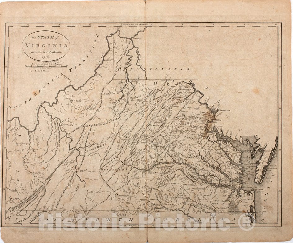 Historical Map, The State of Virginia from The Best Authorities. 1796, Vintage Wall Art