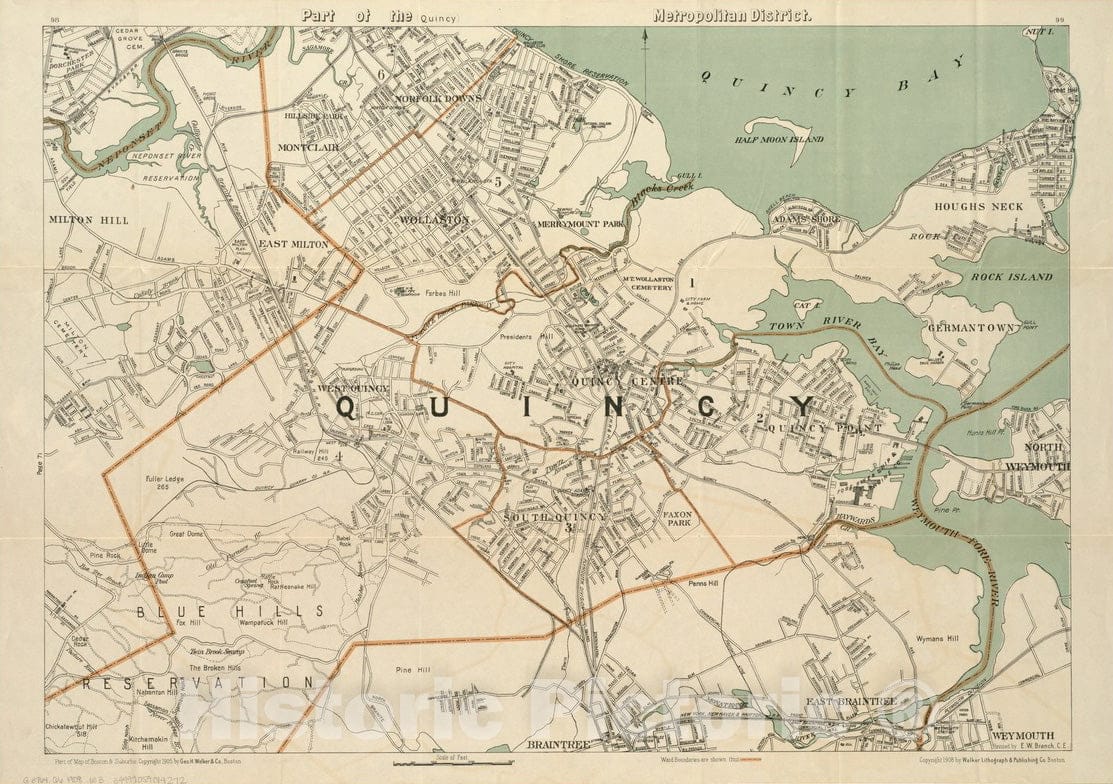 Historical Map, ca. 1908 Part of The (Quincy) Metropolitan District, Vintage Wall Art