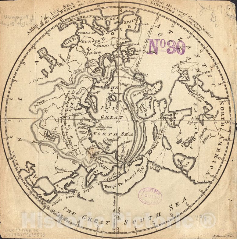 Historical Map, 1760 A map of The ICY sea in which The Several Communications with The Land Waters and Other New Discoveries are exhibited, Vintage Wall Art