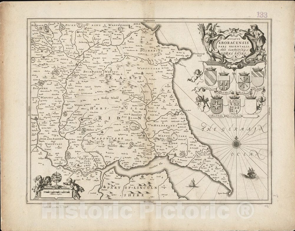 Historical Map, 1646-1680 Ducatus Eboracensis pars orientalis = The Eastriding of Yorke Shire, Vintage Wall Art